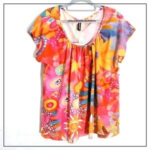 Noracora Shirt M Floral Retro‎ Short Sleeve Lightweight Pleated Neck Hippie